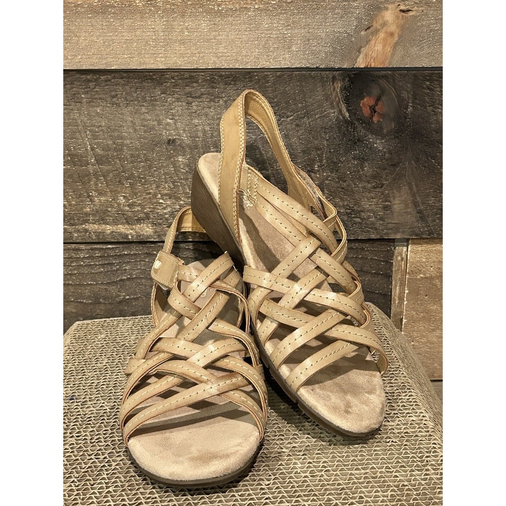 WEAR.EVER FANNIE TAUPE FAUX LEATHER CRISS-CROSS STRAPPY SANDALS 8.5